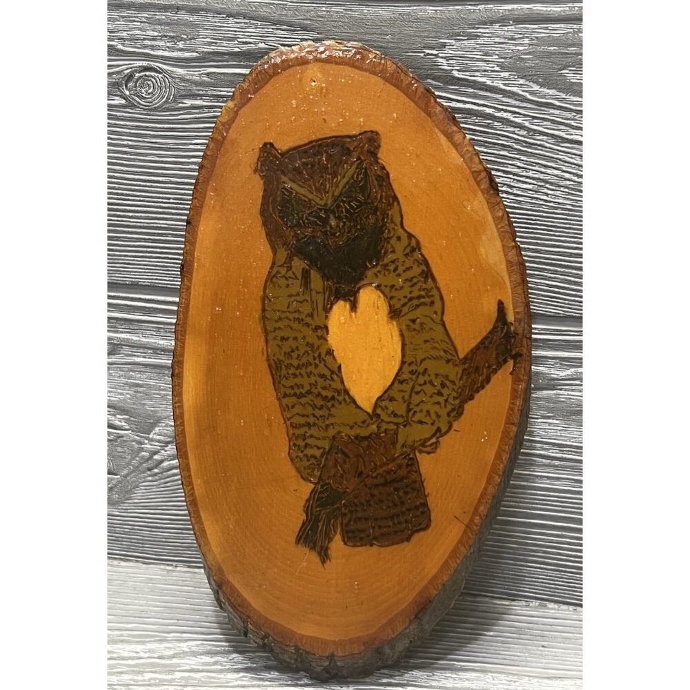 Vintage Owl on Wood Plaque Decor Wall Hanging Handmade Kitschy Midcentury